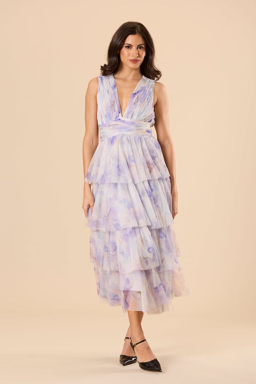 Soft Tulle Spring Summer Lilac Purple Floral Print Sleeveless V Plunging Midi Occasion Dress Wedding Guest