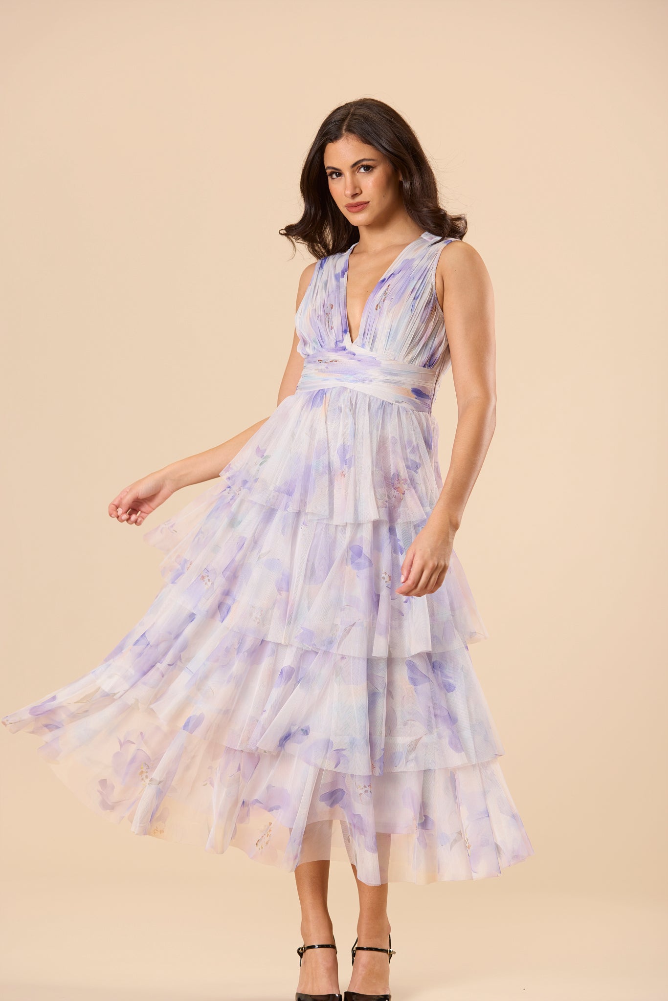 Astrid Tulle Midi Dress in Amethyst Floral