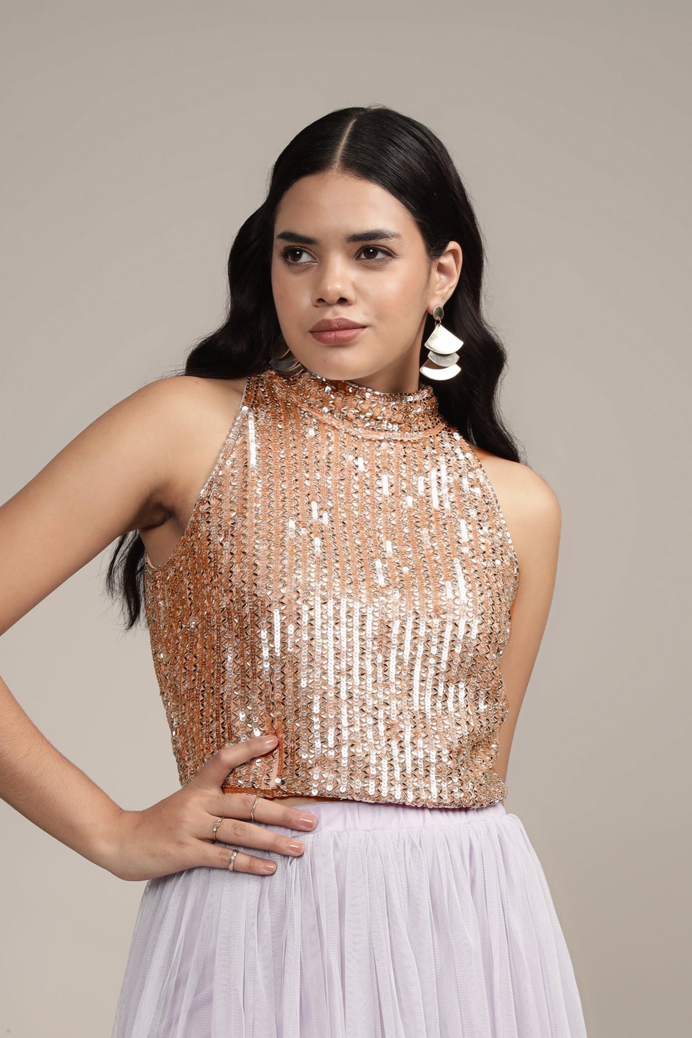 Beetle Embellished High Neck Top in Pink