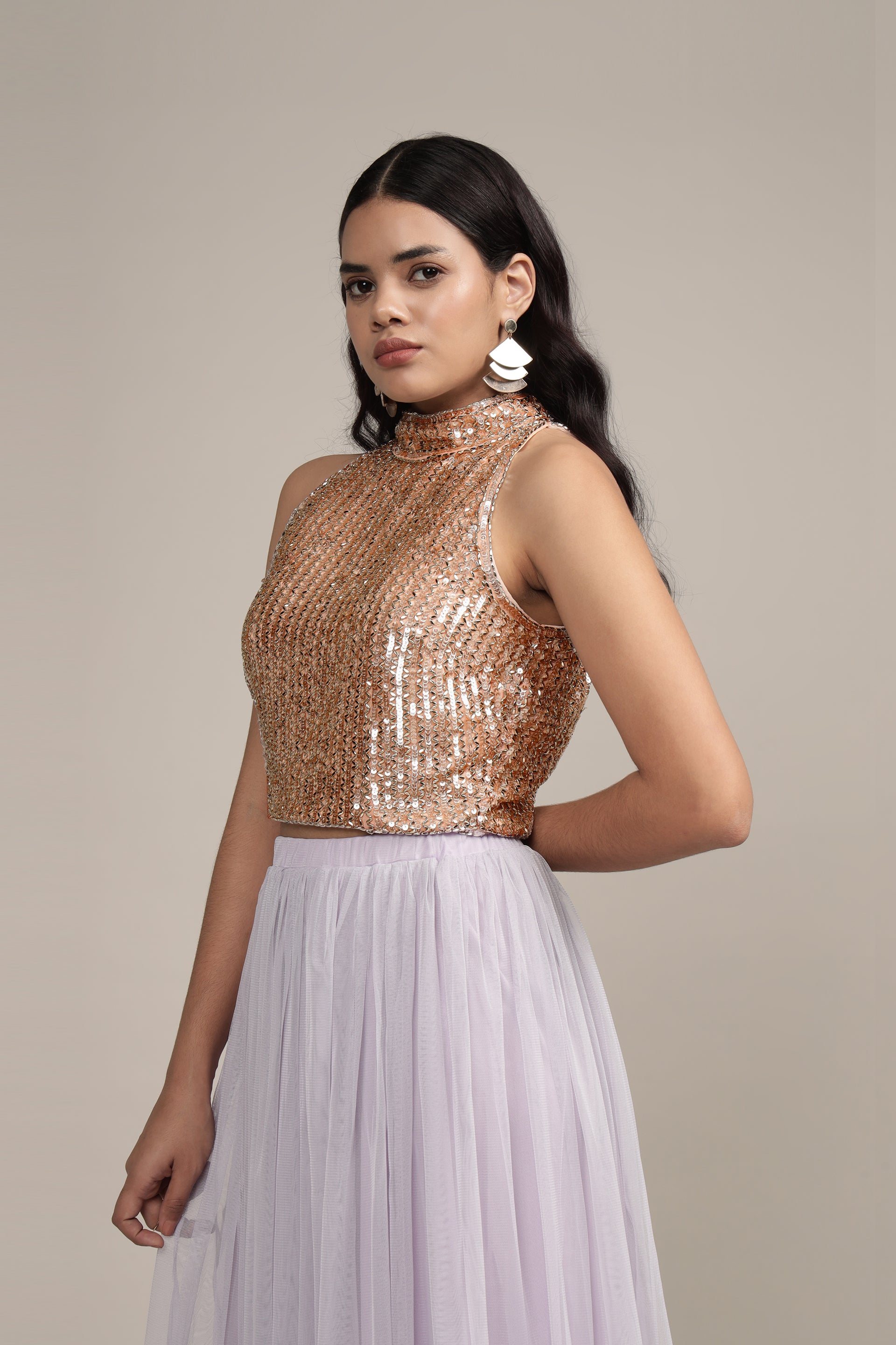Beetle Embellished High Neck Top in Pink