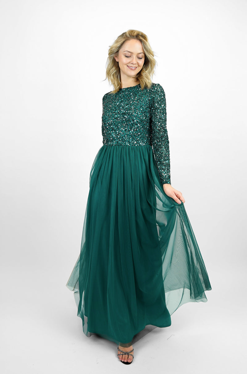Belle Emerald Green Long Sleeve Bridesmaid Dress Lace Beads