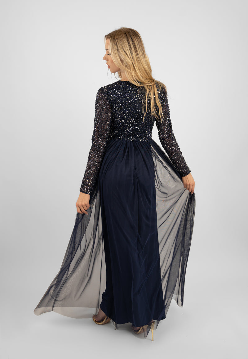 navy-blue-long-sleeve-bridesmaid-dress