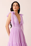 Bow Shoulder Tulle Mesh Bow Shoulder Midi Dress Lilac Purple Bridesmaid Wedding Guest