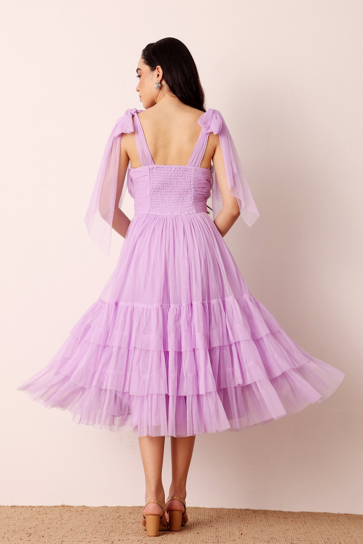 Bow Shoulder Madison Tulle Midi Dress in Lilac