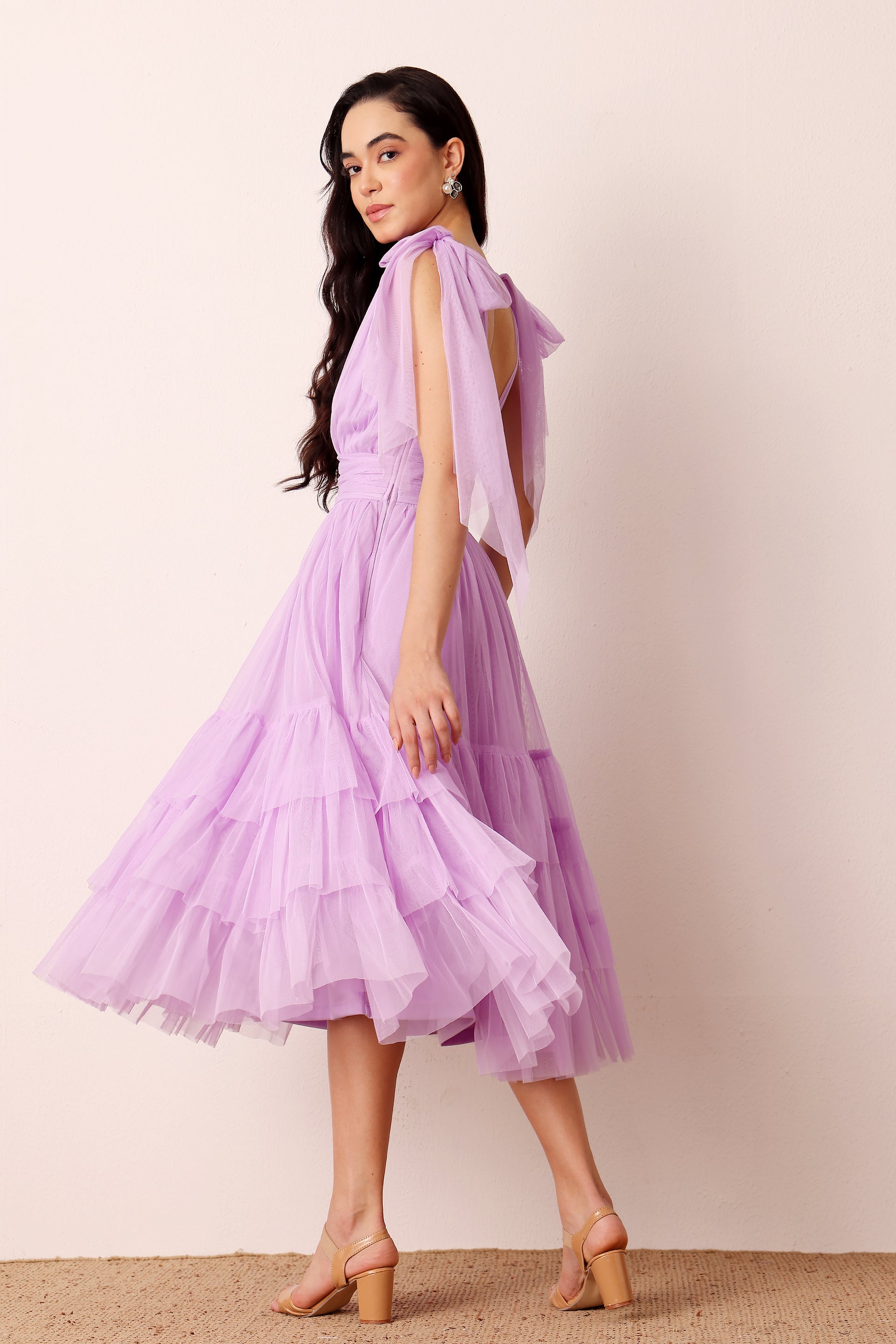 Bow Shoulder Madison Tulle Midi Dress in Lilac