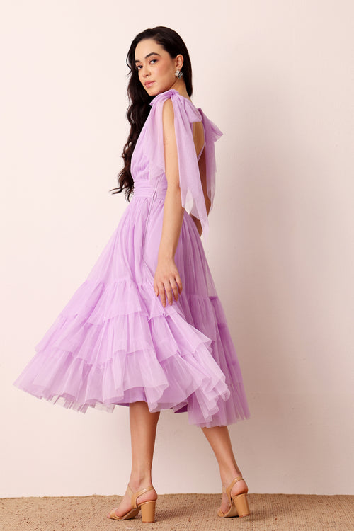 Bow Shoulder Madison Tulle Midi Dress in Lilac