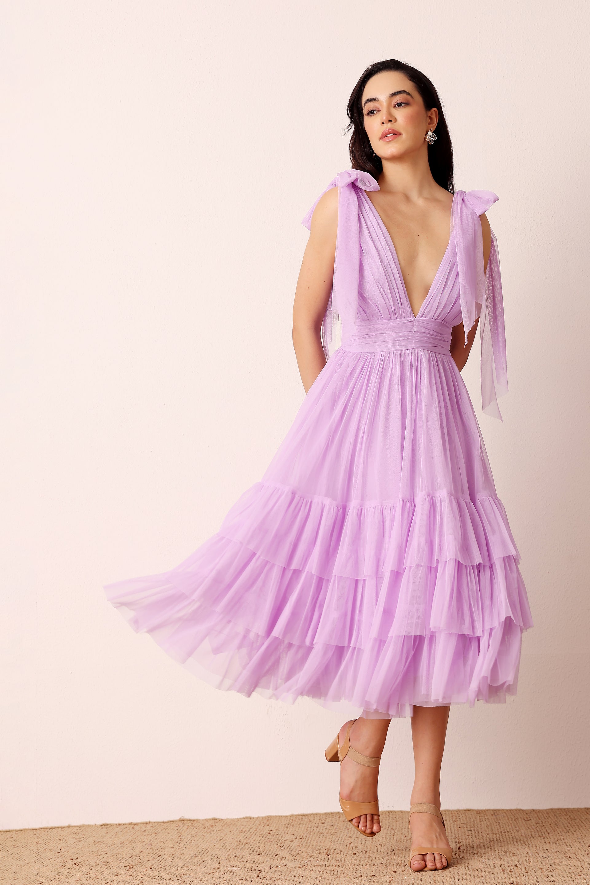 Bow Shoulder Madison Tulle Midi Dress in Lilac