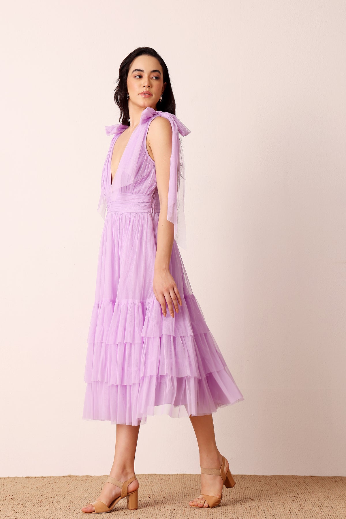 Bow Shoulder Madison Tulle Midi Dress in Lilac
