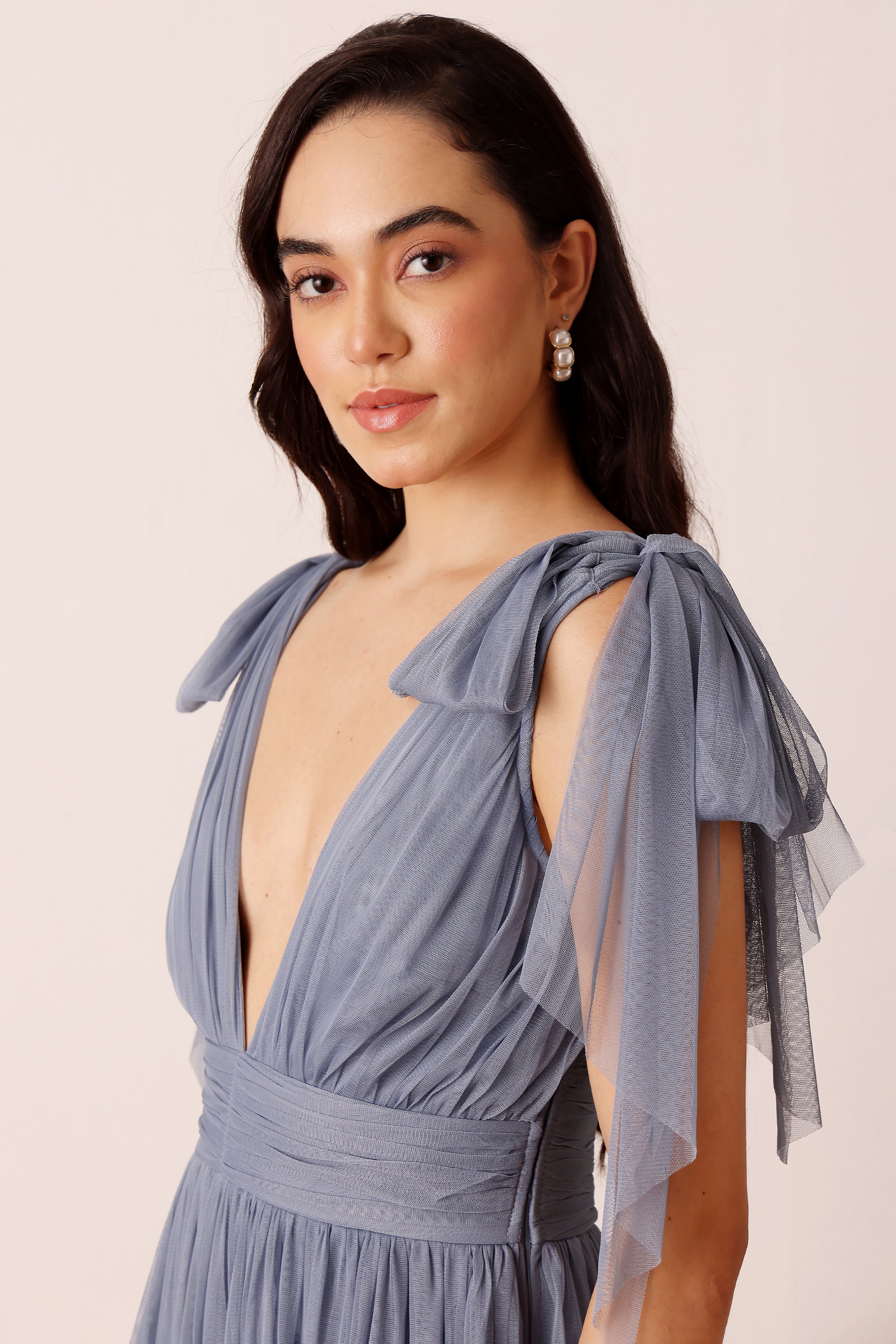 Bow Shoulder Madison Tulle Midi Dress in Dusty Blue