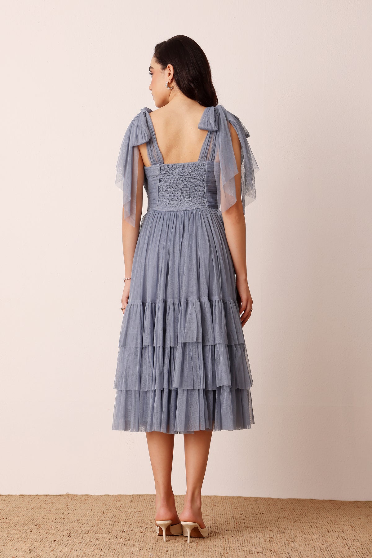Bow Shoulder Madison Tulle Midi Dress in Dusty Blue