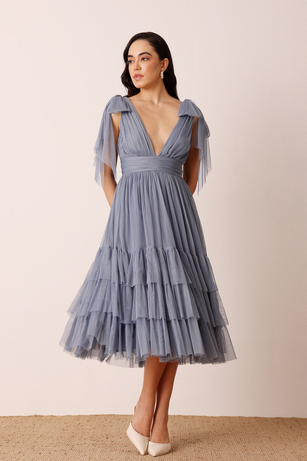 Bow Shoulder Tiered Midi Wedding Guest Bridesmaid Plunging V Tulle Dress