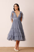 Bow Shoulder Tiered Midi Wedding Guest Bridesmaid Plunging V Tulle Dress