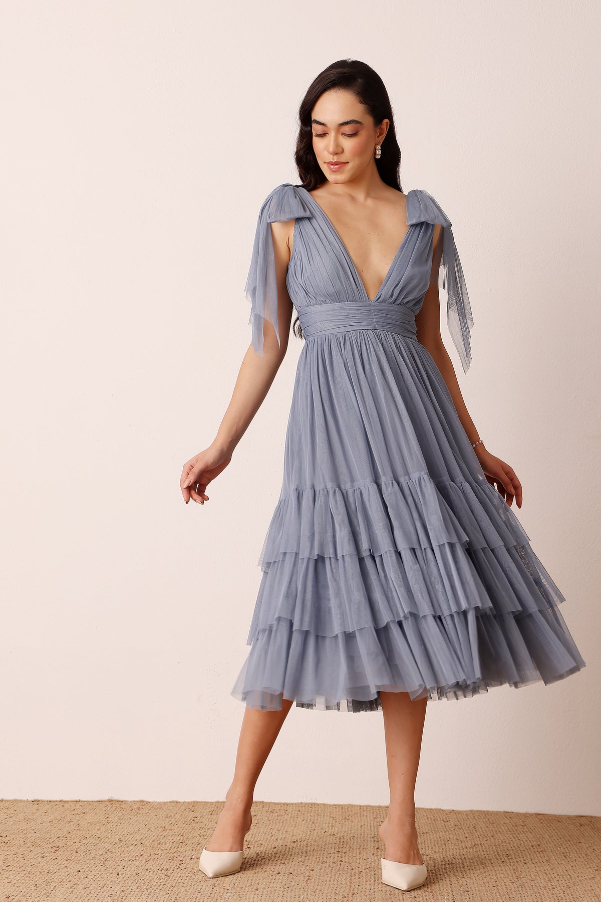 Bow Shoulder Madison Tulle Midi Dress in Dusty Blue