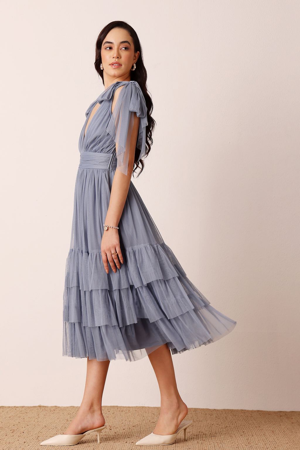 Bow Shoulder Madison Tulle Midi Dress in Dusty Blue