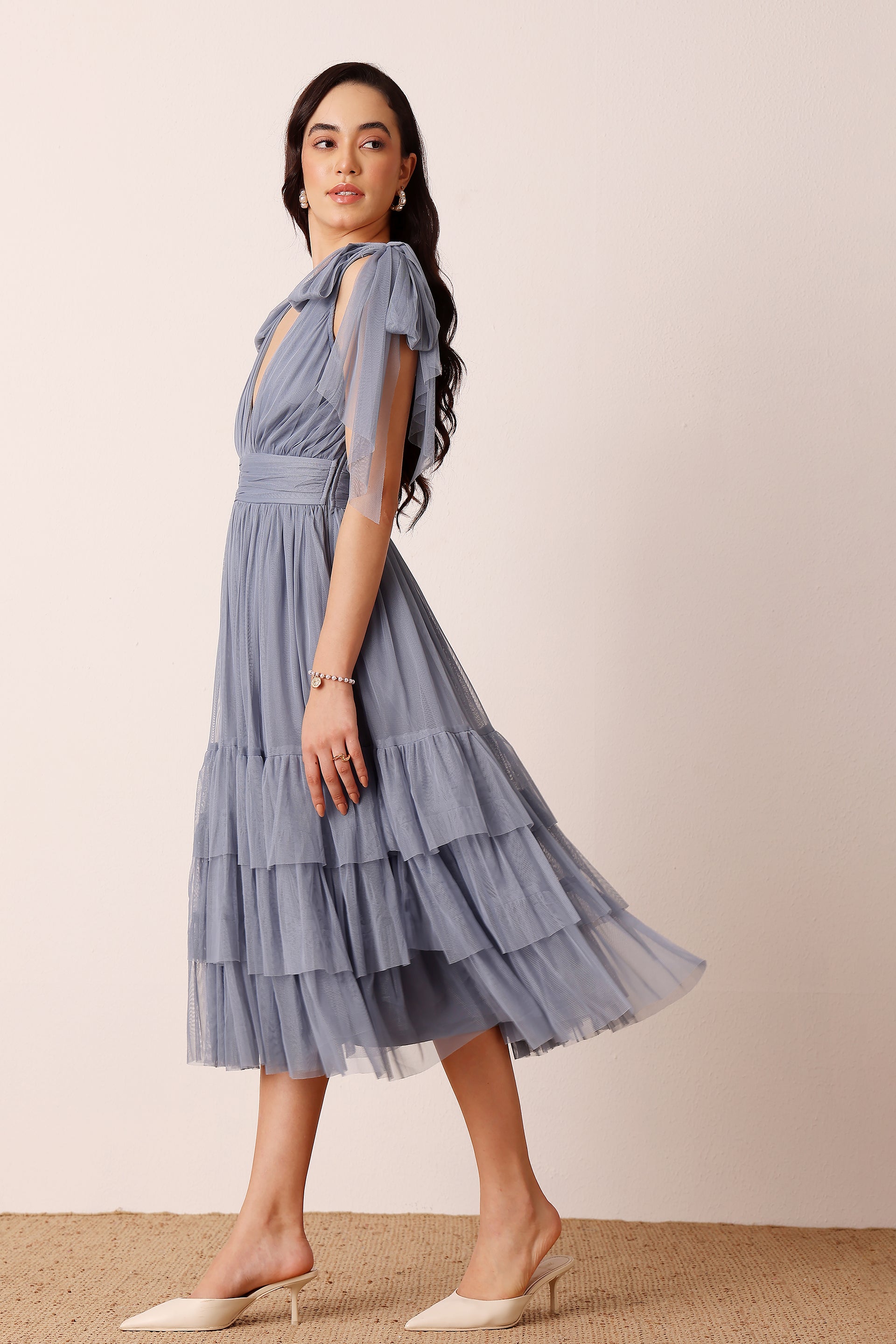 Bow Shoulder Madison Tulle Midi Dress in Dusty Blue