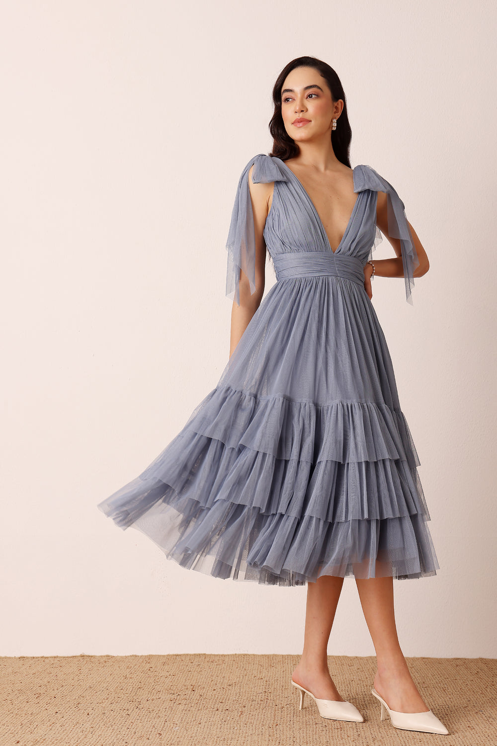 Bow Shoulder Madison Tulle Midi Dress in Dusty Blue