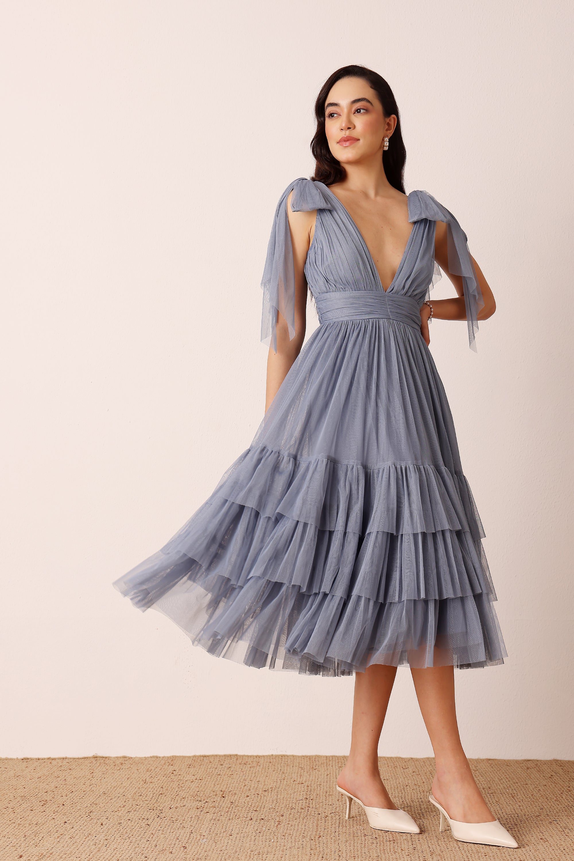 Bow Shoulder Madison Tulle Midi Dress in Dusty Blue