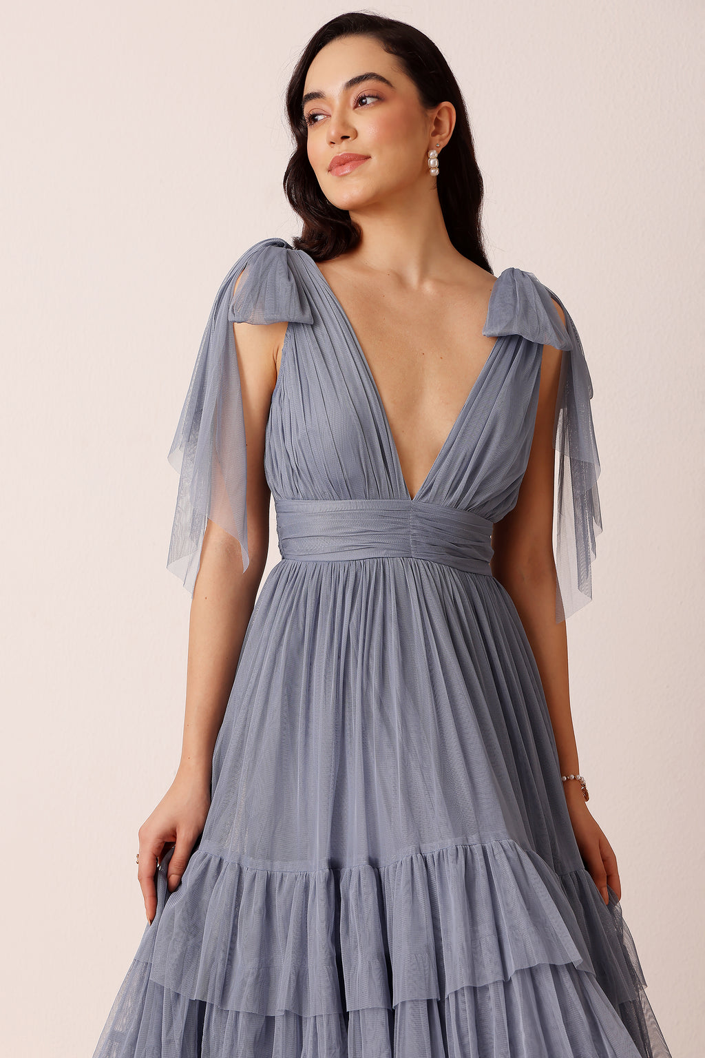 Bow Shoulder Madison Tulle Midi Dress in Dusty Blue