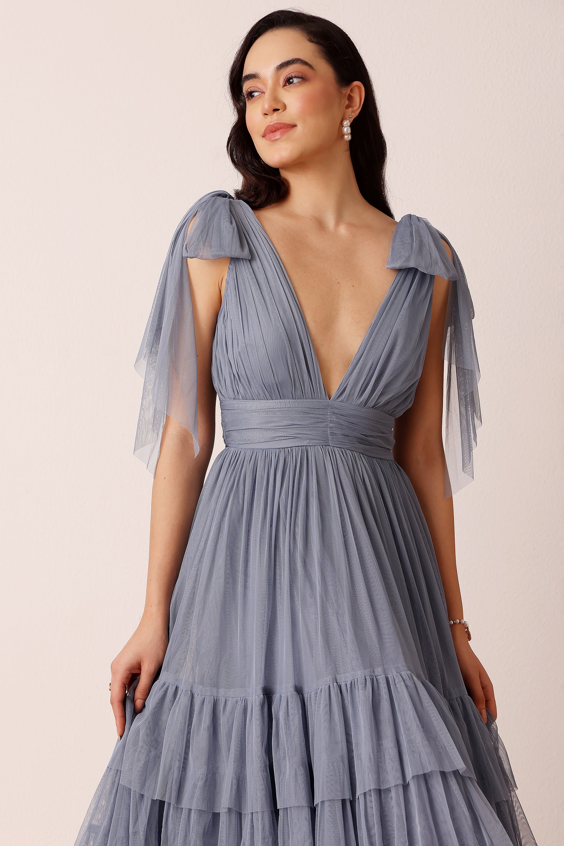 Bow Shoulder Madison Tulle Midi Dress in Dusty Blue
