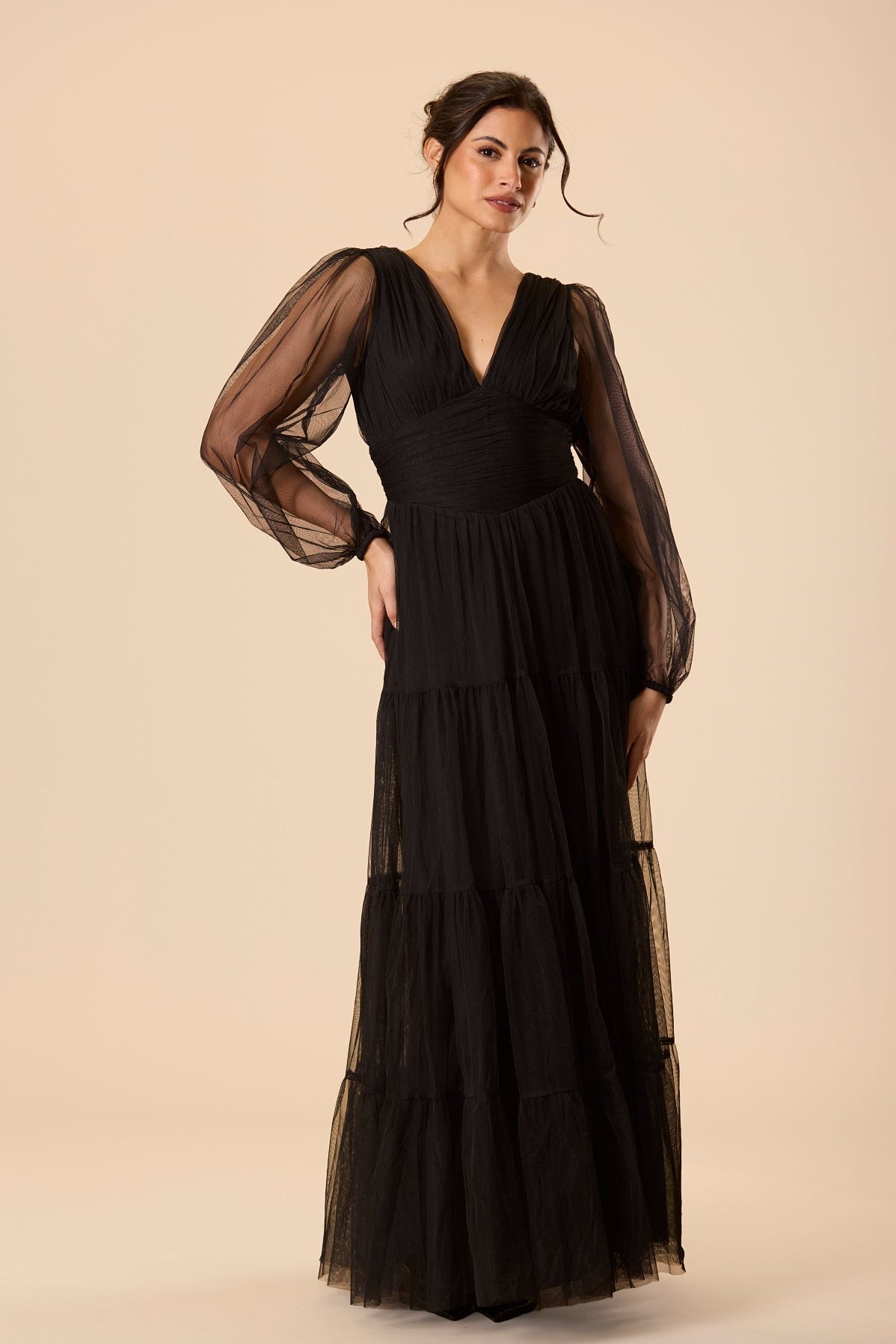 Bronte Tulle Long Sleeve Maxi Dress in Black