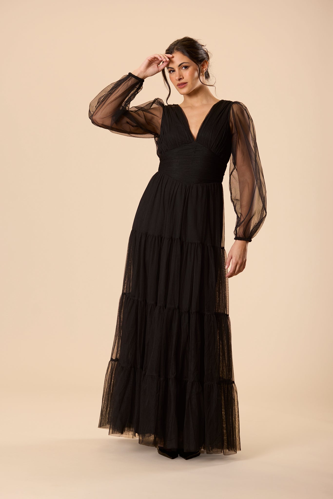 Bronte Tulle Long Sleeve Maxi Dress in Black