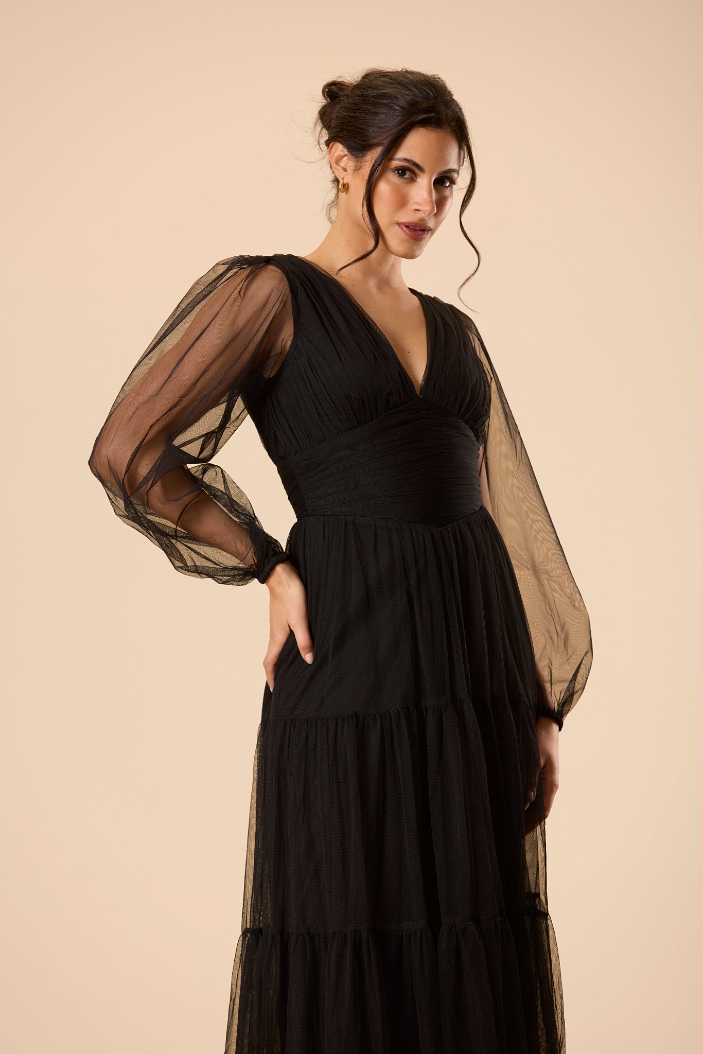 Bronte Tulle Long Sleeve Maxi Dress in Black