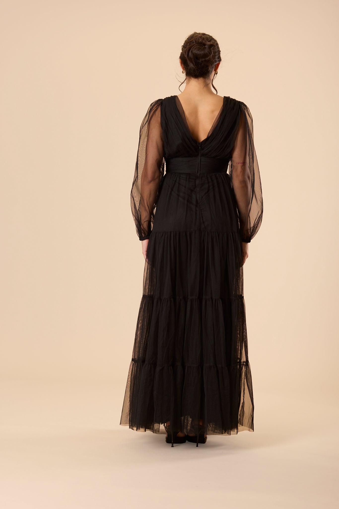 Bronte Tulle Long Sleeve Maxi Dress in Black