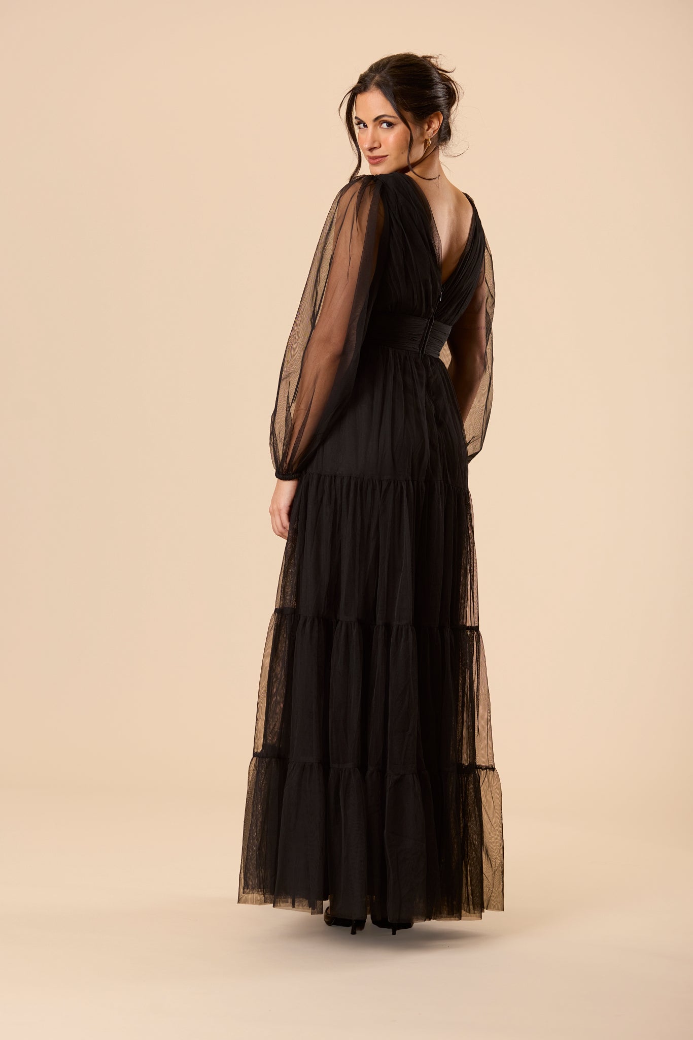 Bronte Tulle Long Sleeve Maxi Dress in Black