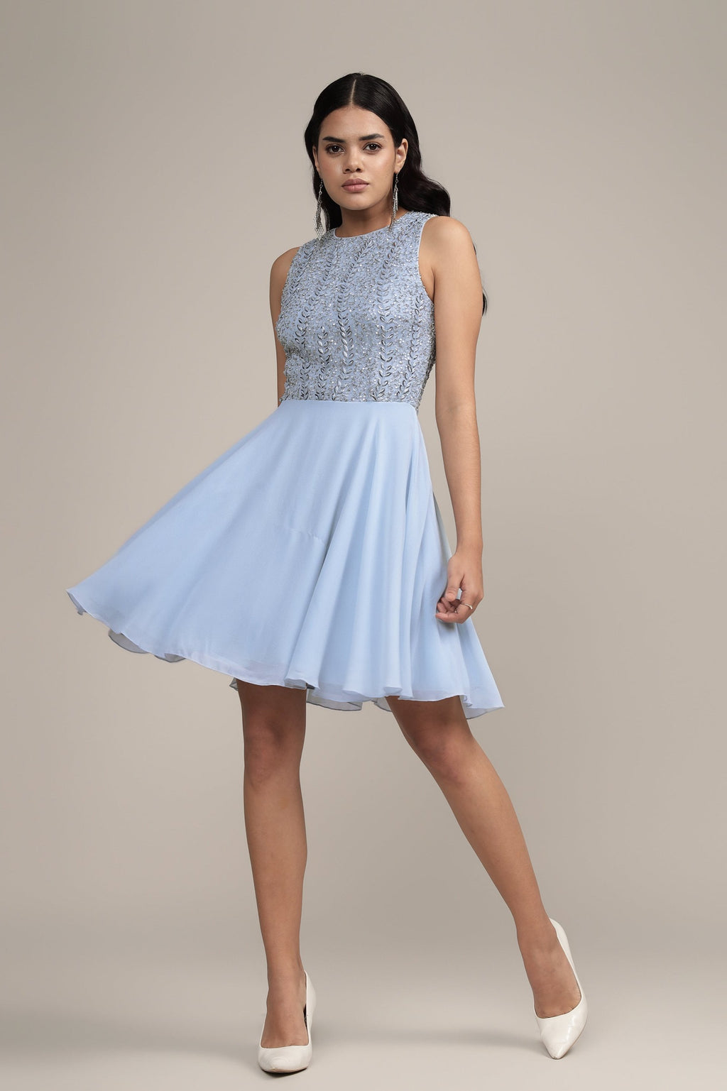 blue dress skater Blue Square Neck With Pearl Details Skater Dress main image 0