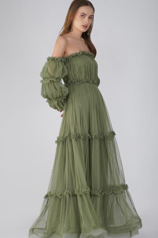 Emmeline Tulle Maxi Dress in Soft Olive