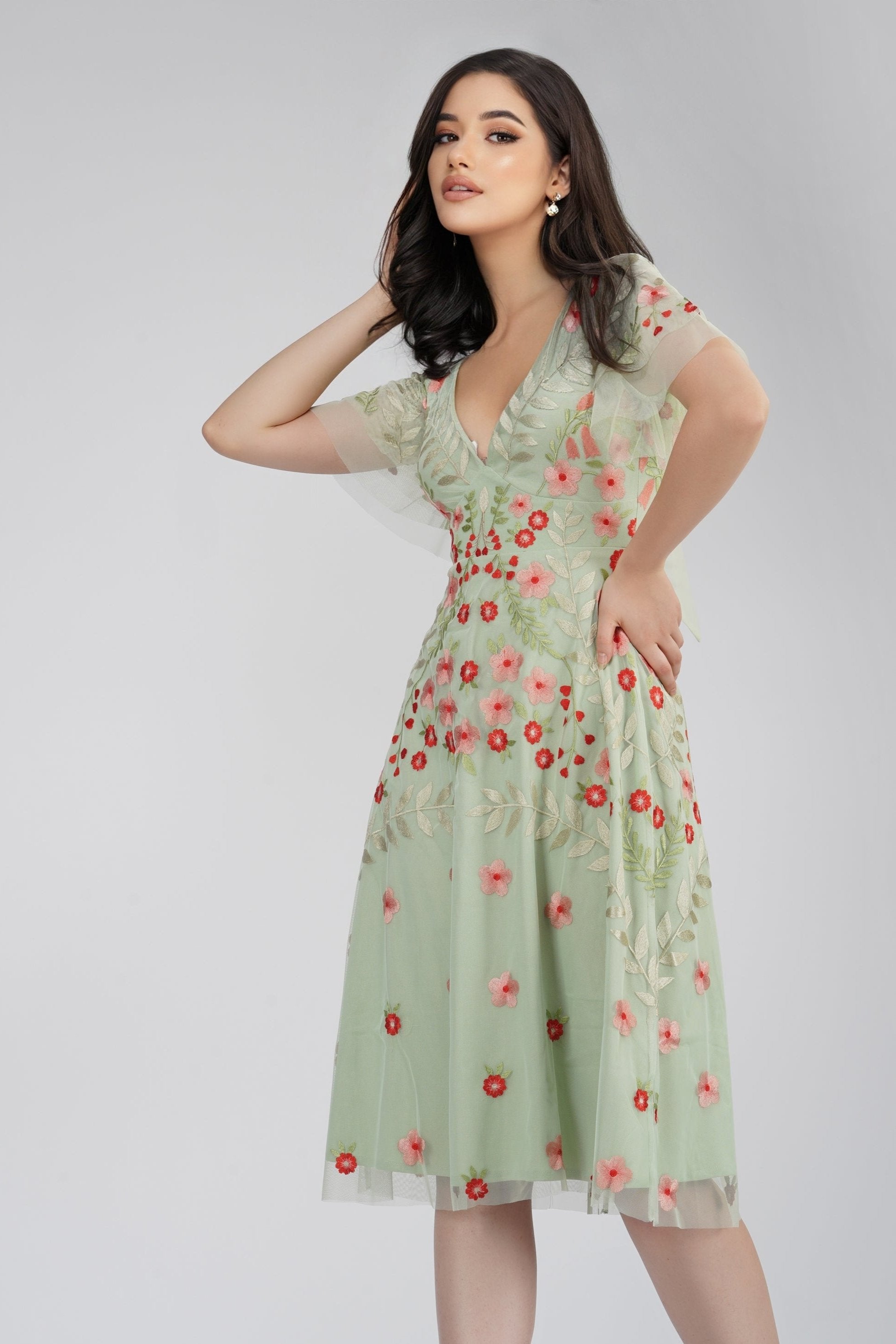 Calla Sage Green Embroidered Dress - UK6 / Sage Green Calla Sage Green Embroidered Dress - UK6 / Sage Green