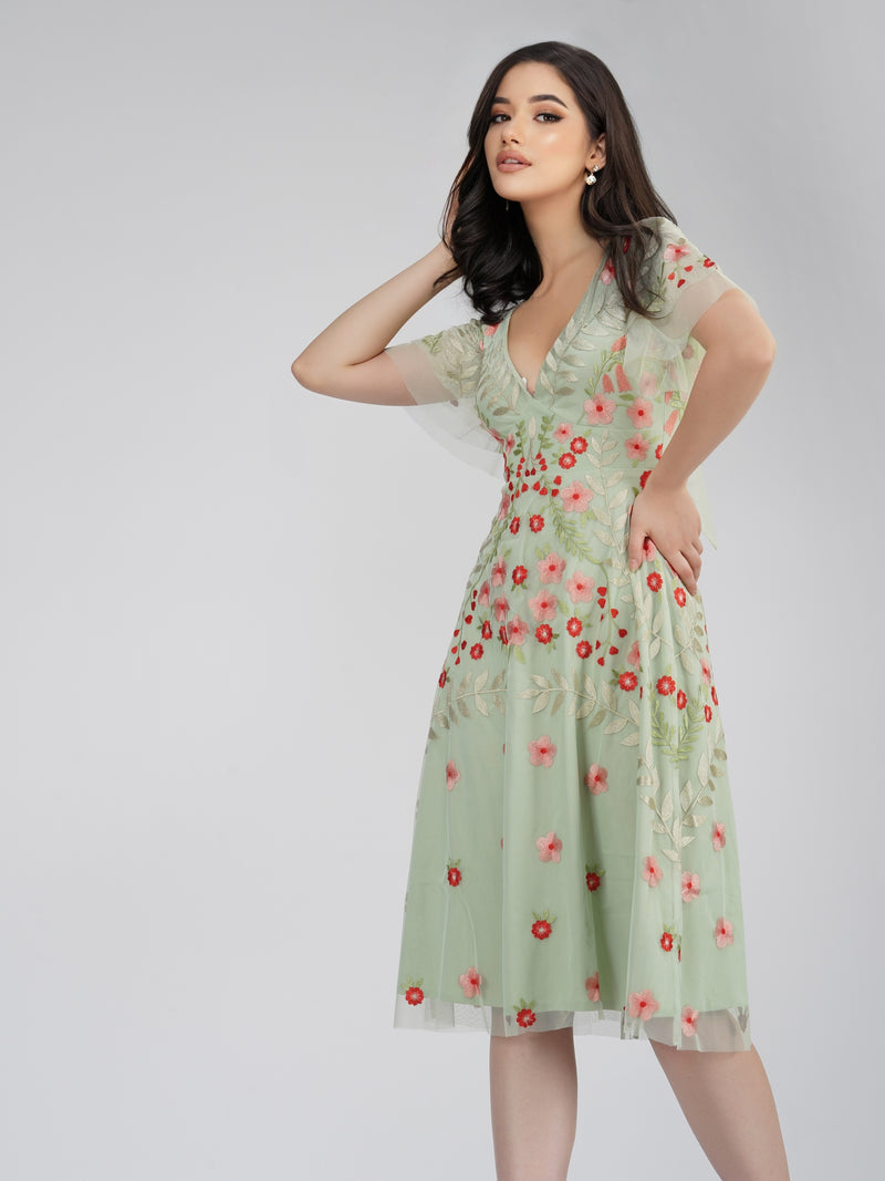 Calla Sage Green Embroidered Dress