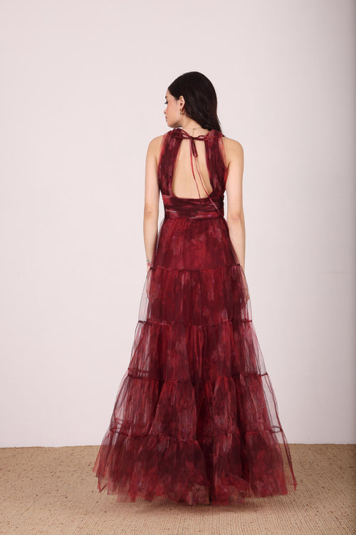Candace Maxi Dress in Deep Red Floral