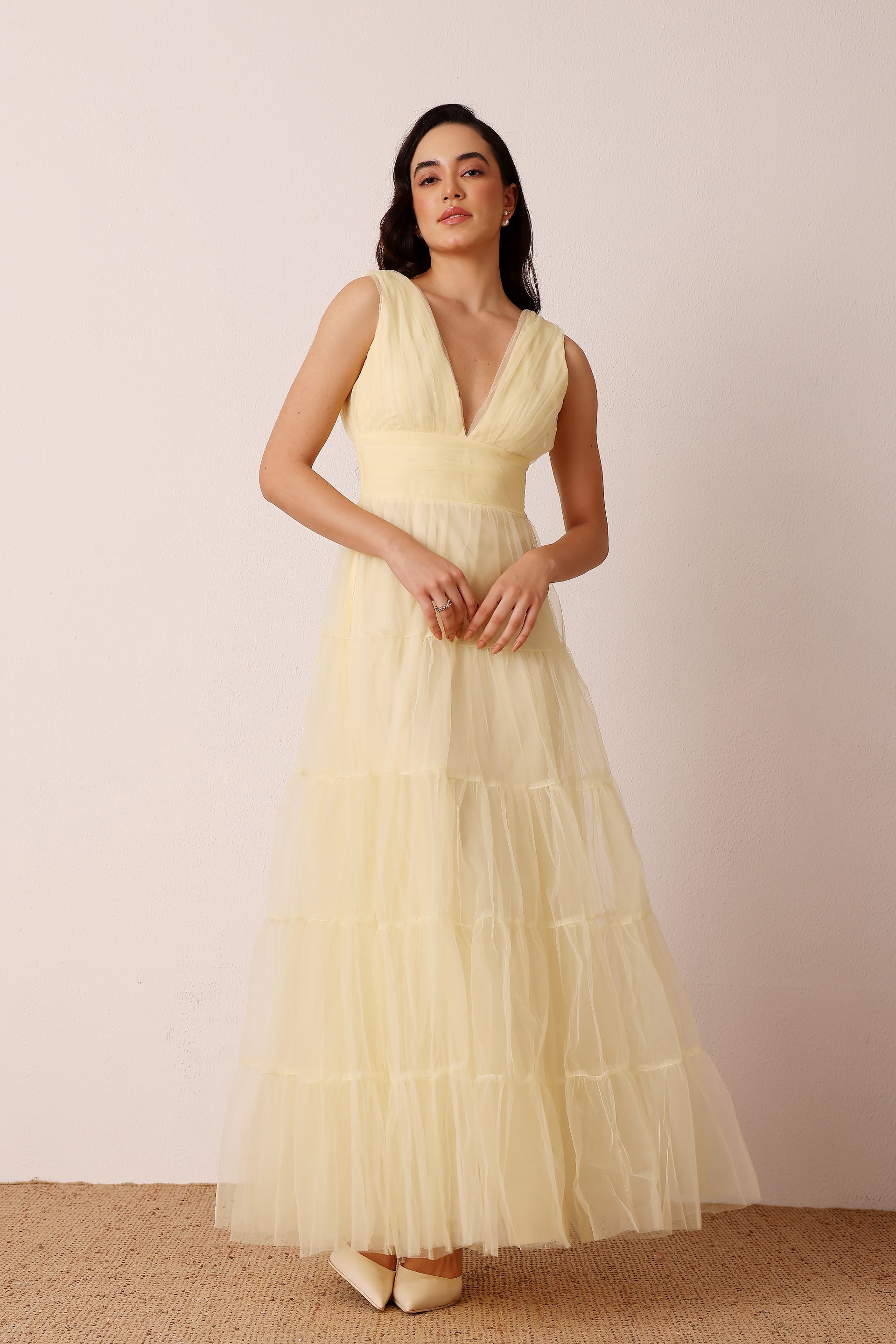 Plunging v-neck open back formal black tie buttercup yellow