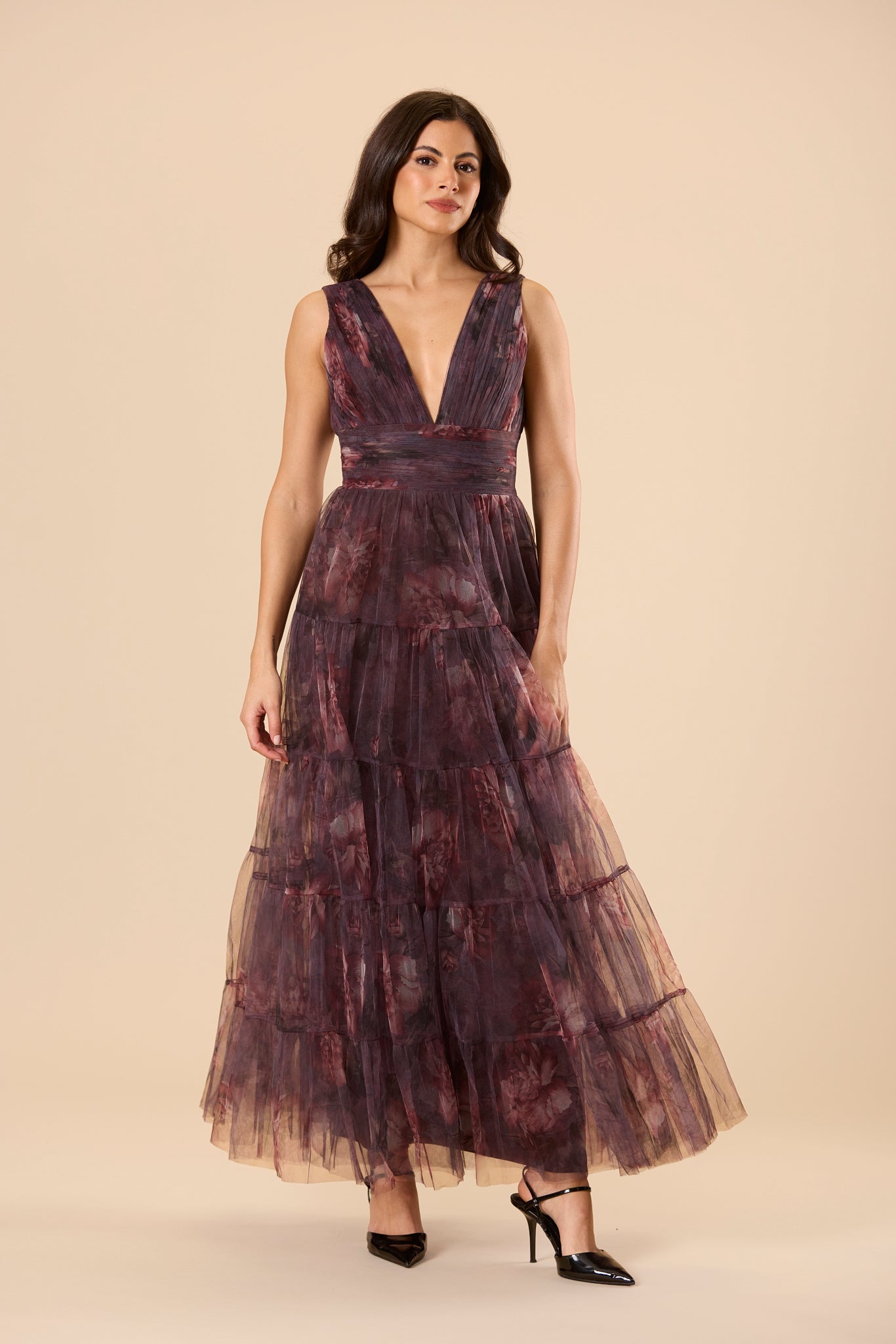 Deep V-neckline Sleeveless Stiff Tulle Backless Plum Purple Floral Print Maxi Formal Dress