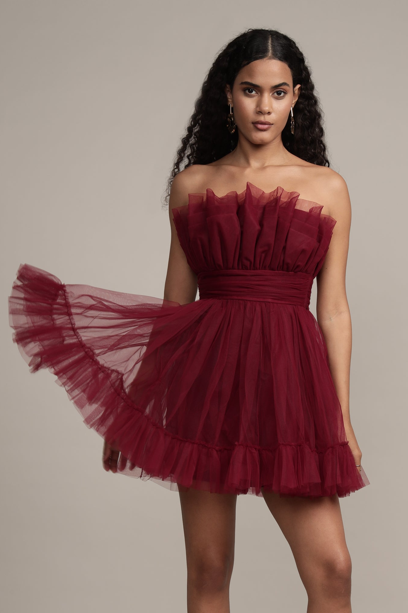 Caspian Tulle Mini Dress in Astro Red – Lace & Beads