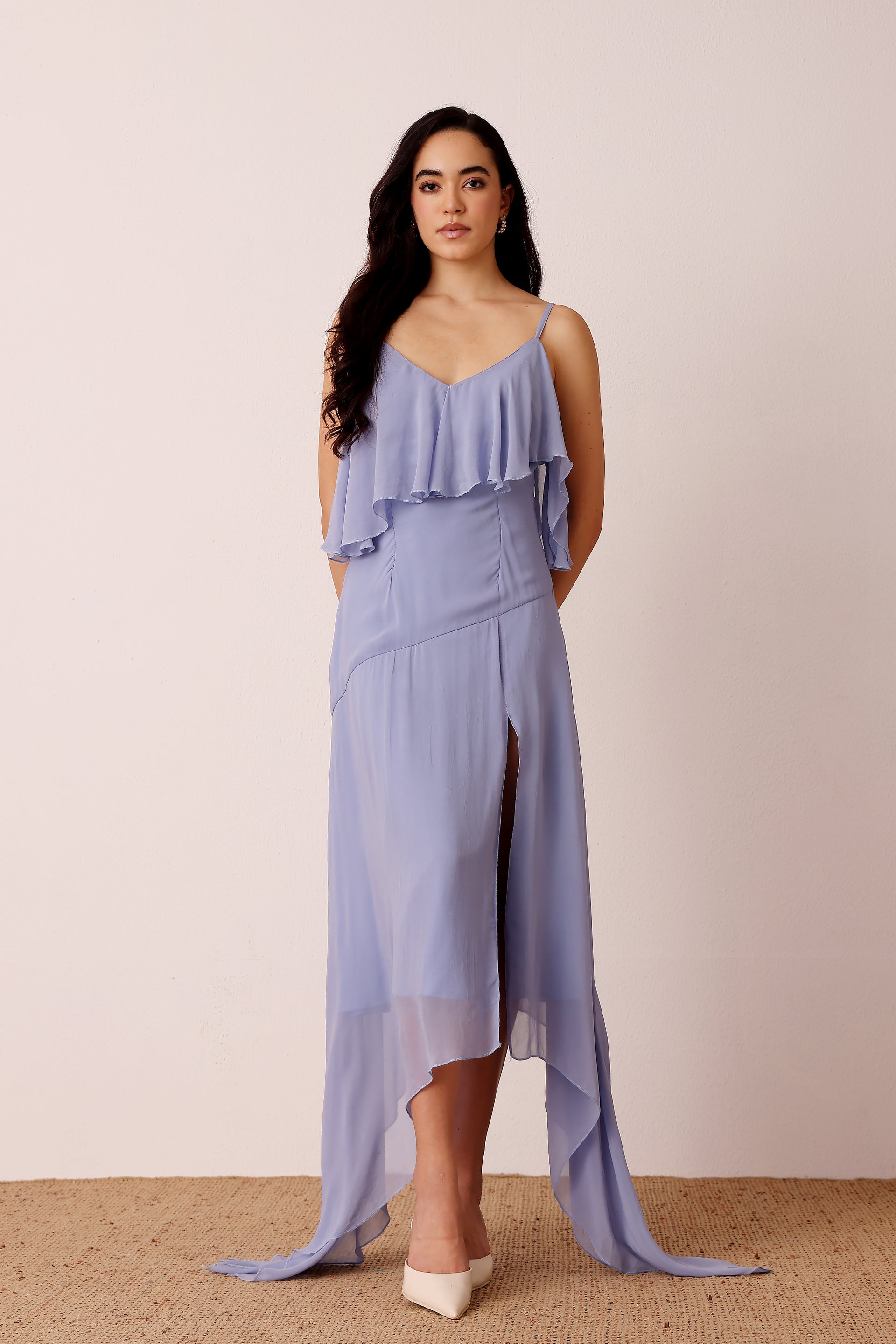 Spaghetti strap midi slit garden party dress pale blue a-symmetrical