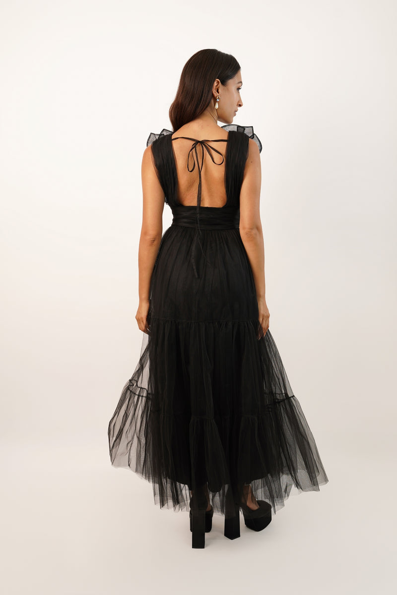 Chana Plunge Corsage Maxi Dress in Black Lace Beads