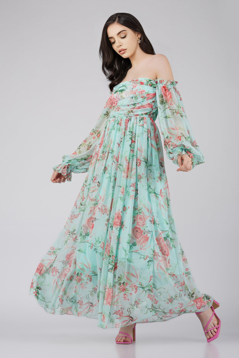 Lana Chiffon Printed Dress in Green Lace Beads
