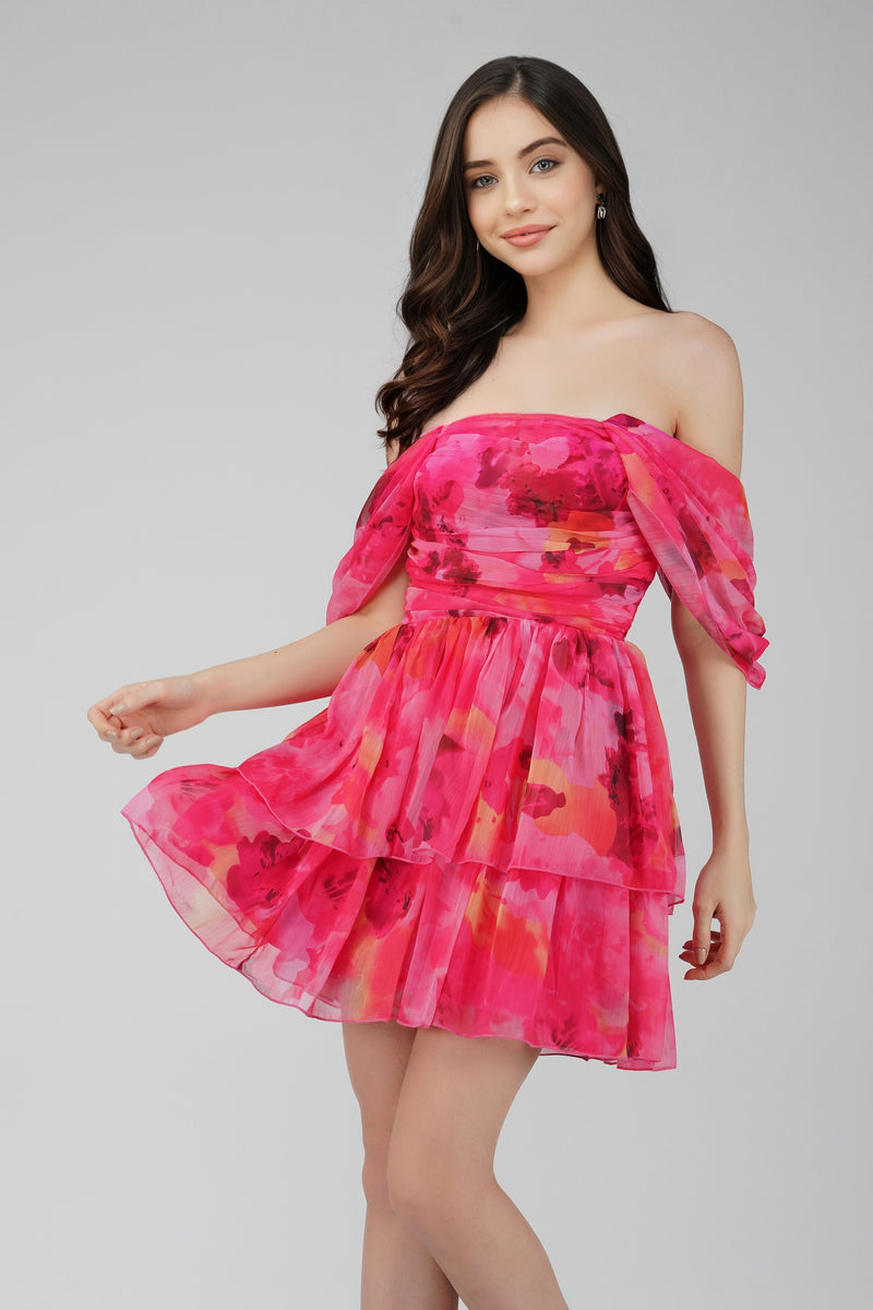 Sydney Chiffon Mini Dress in Sunset Pink Lace Beads