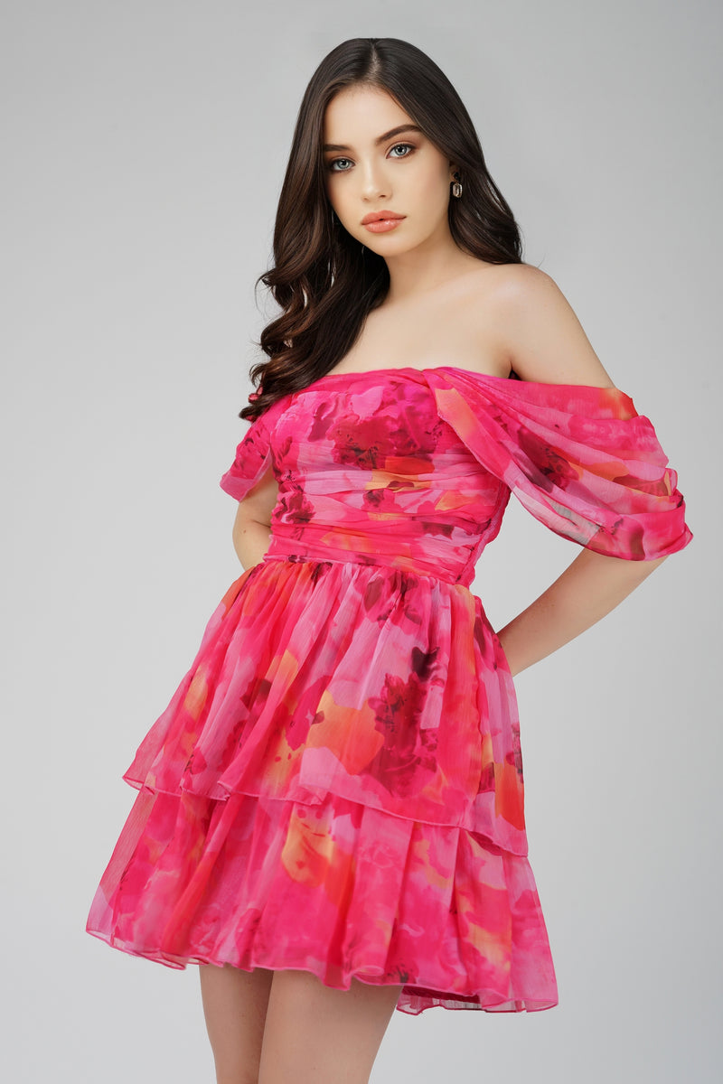Sydney Chiffon Mini Dress in Sunset Pink