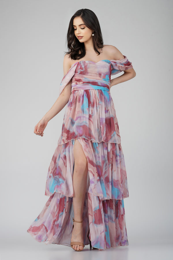 Sydney Chiffon Maxi Dress in Burgundy Print