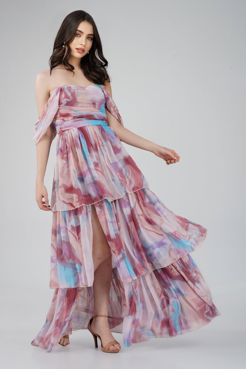 Sydney Chiffon Maxi Dress in Burgundy Print