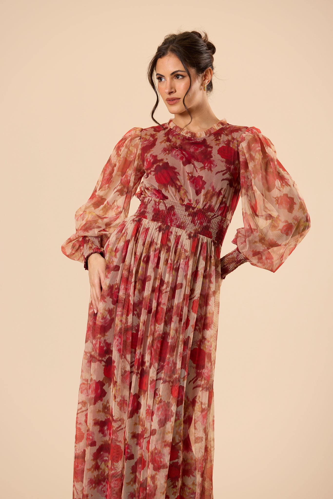 Comet Long Sleeve Tulle Maxi Dress in Rose Floral