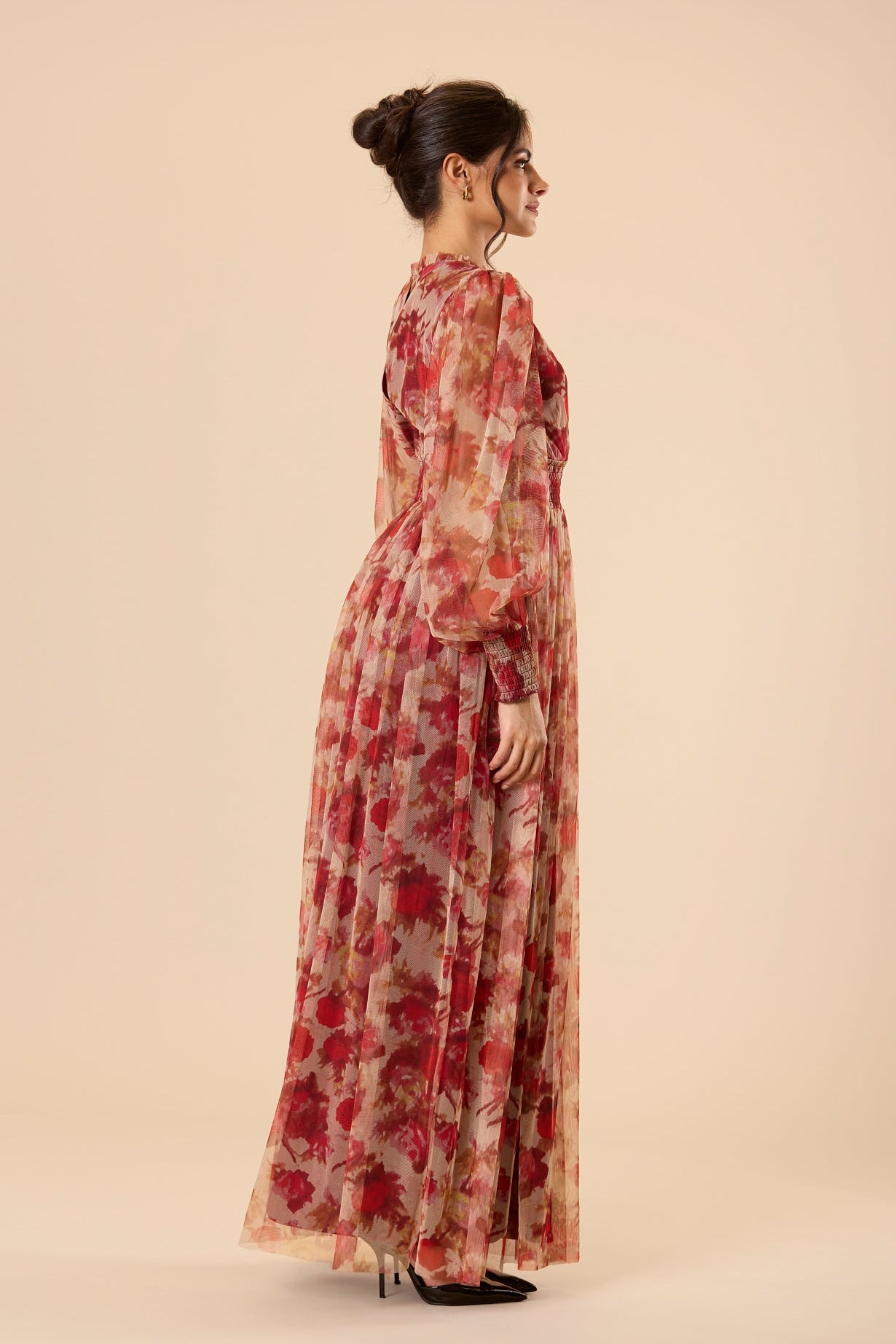 Comet Long Sleeve Tulle Maxi Dress in Rose Floral