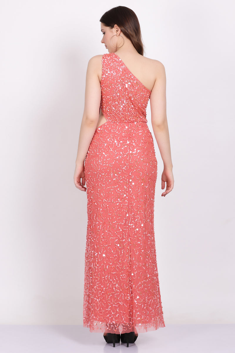 Naeve One Shoulder Sequin Dress in Coral