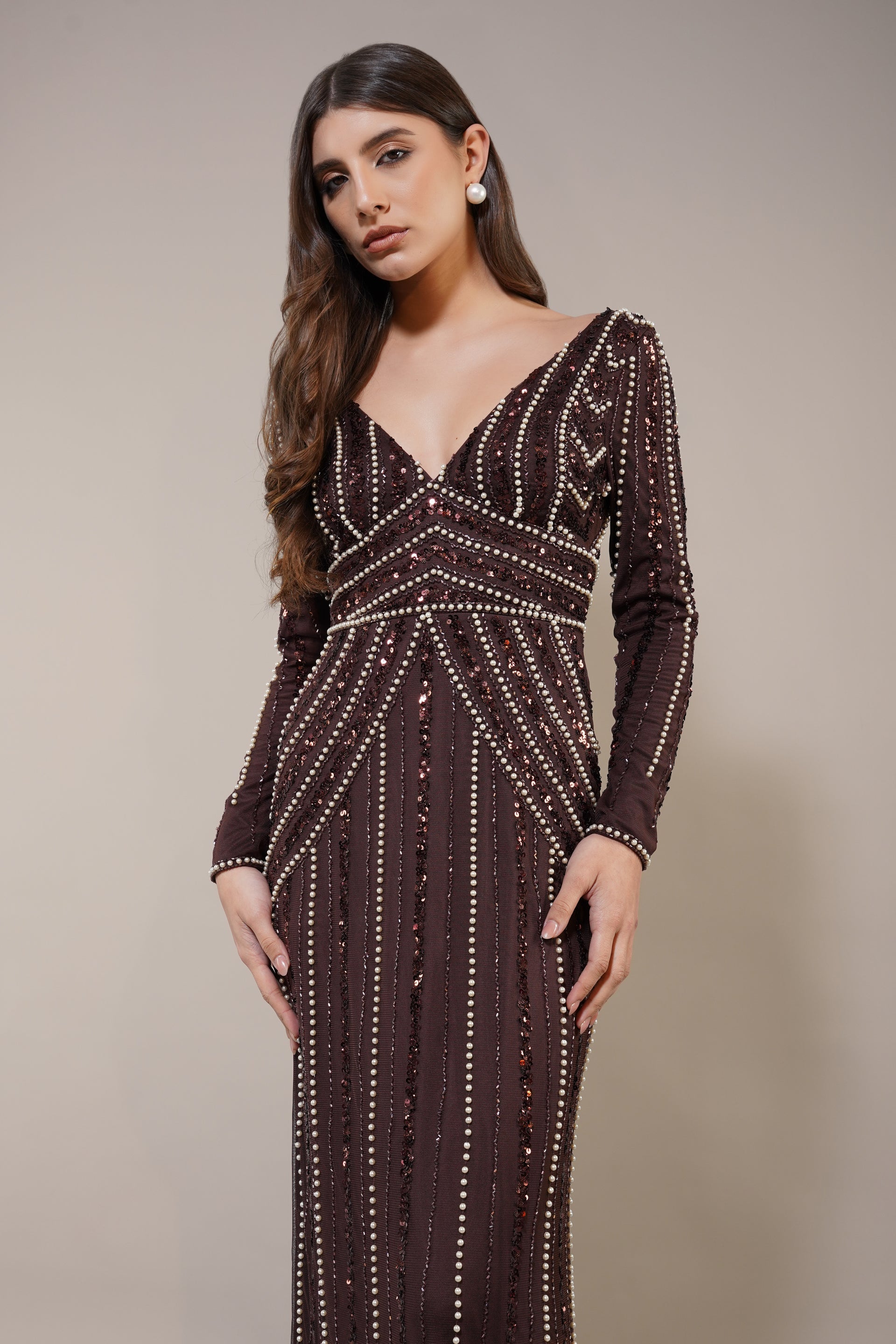 Plunge v-neck long-sleeve embellished sequin maxi dress wedding formal