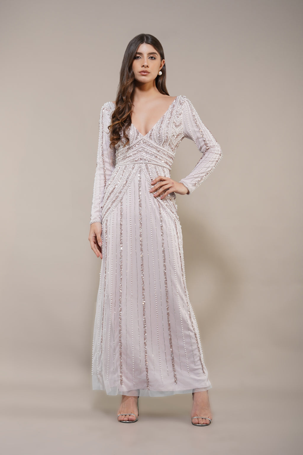 Plunging V-neck Long-sleeve Maxi Embellished Sequin Wedding Dress