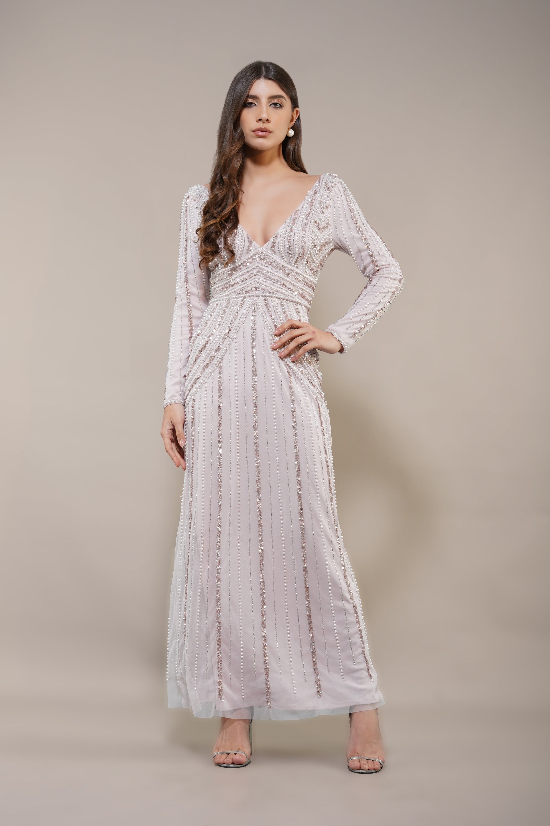 Plunging V-neck Long-sleeve Maxi Embellished Sequin Wedding Dress