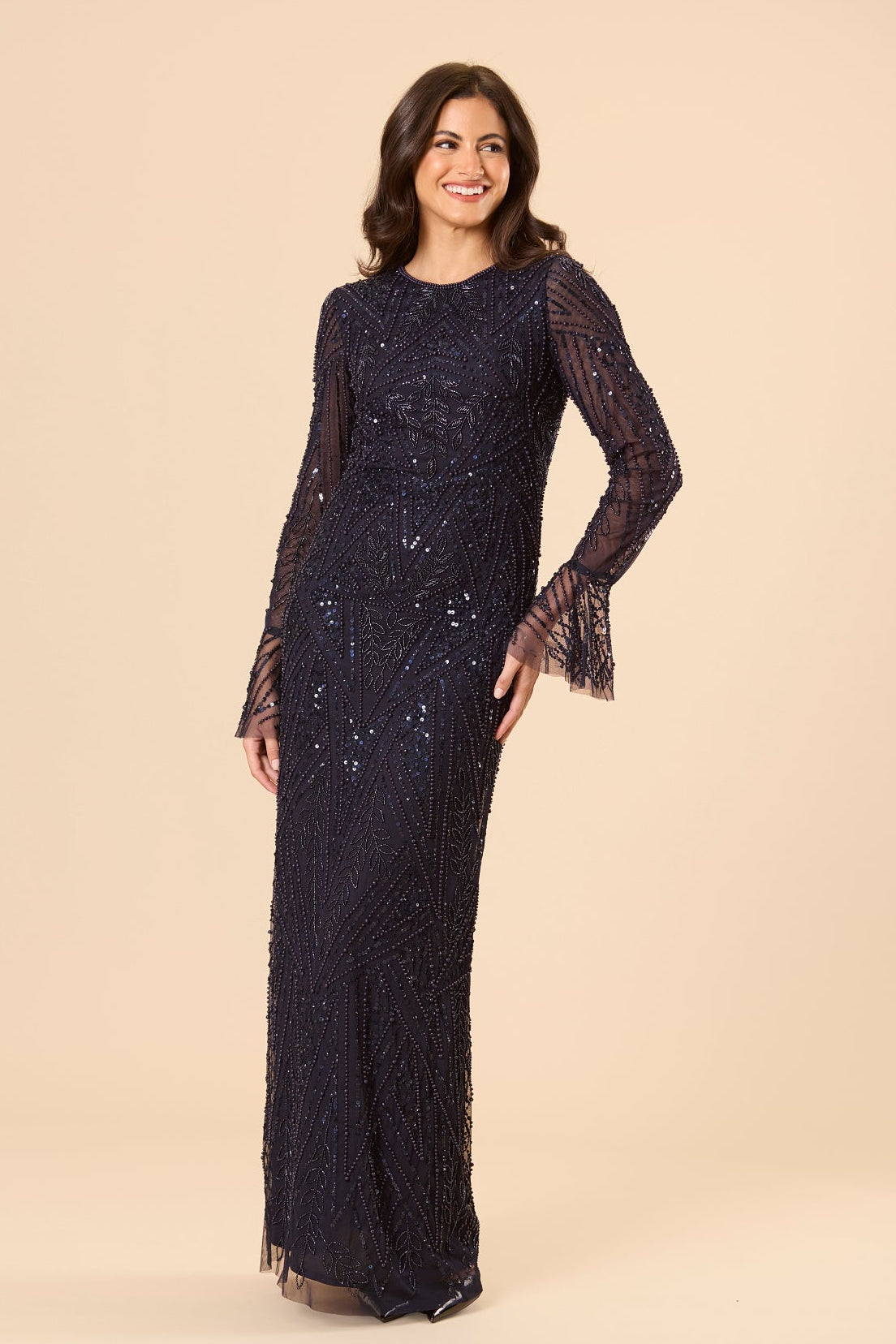 Navy Dark Blue Embellished Sequin Modest Flared Sleeve Maxi Dress Formal